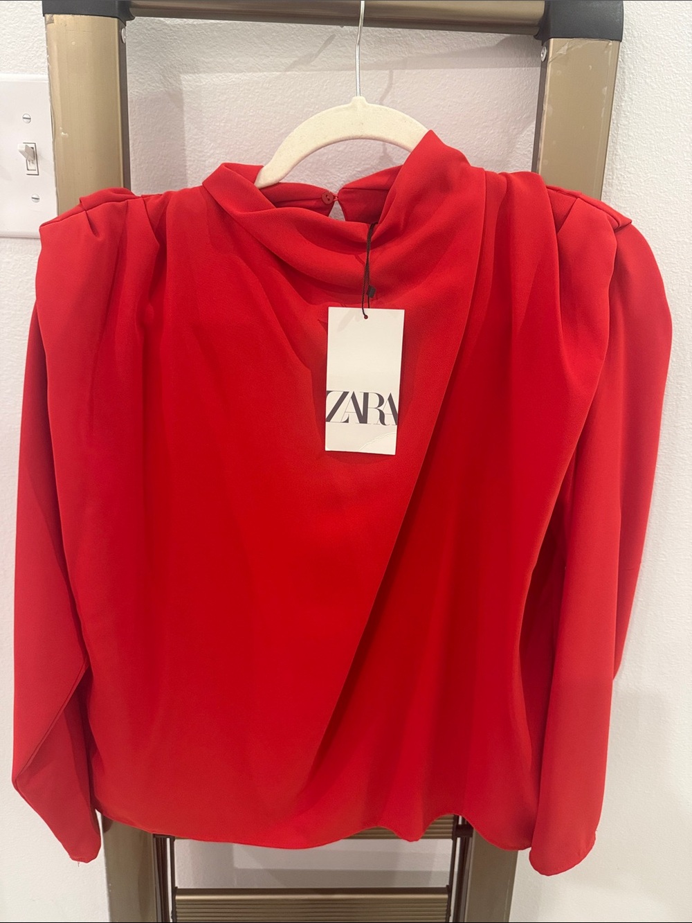ZARA Vibrant Red Draped Blouse with High Neck